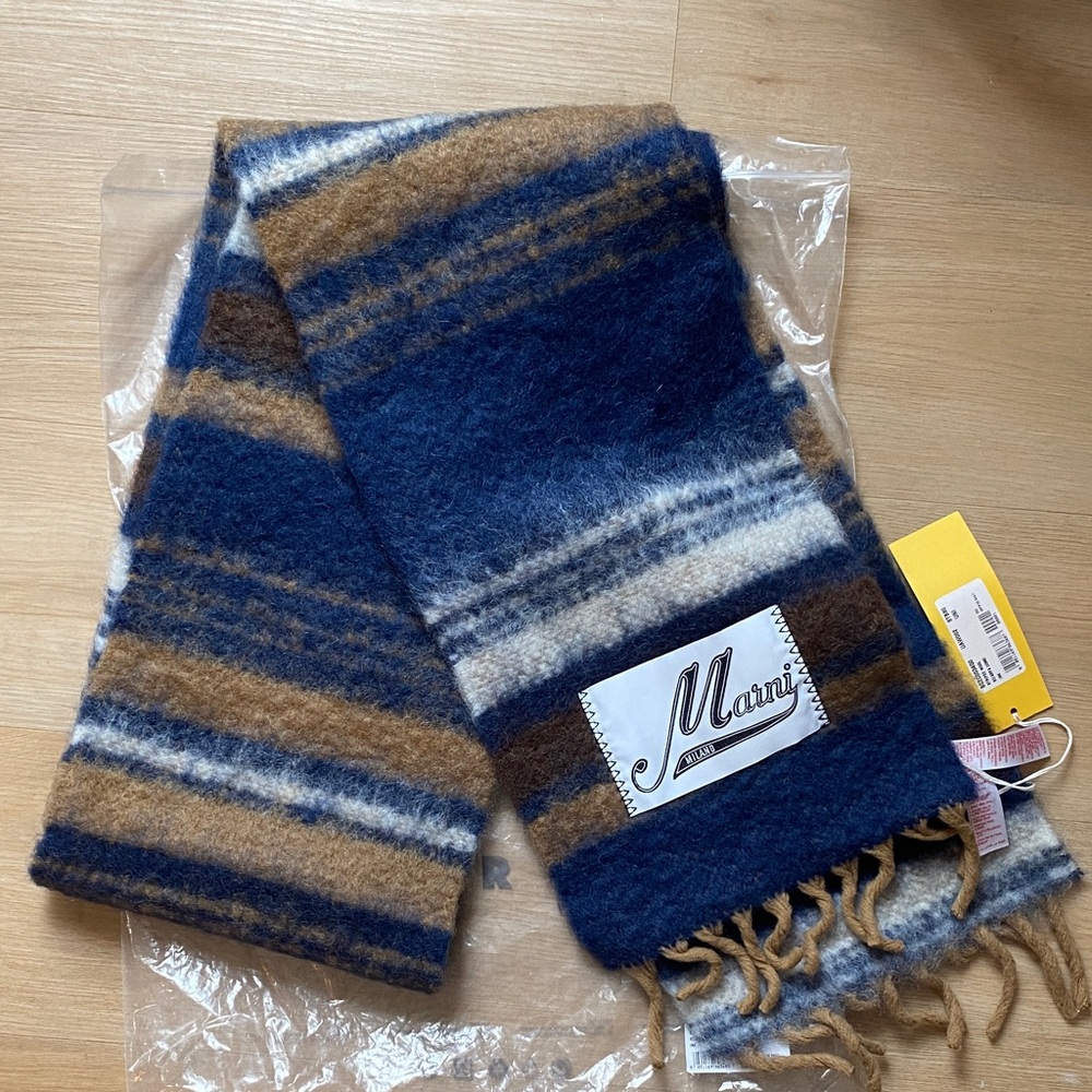 New Marni Wool alpaca Scarf ink Blue and Brown Stripes